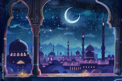 Ramadan Kareem Festivities: Warmly Lit Arabesque Banners and Moon Silhouettes for Peaceful and Festive Nights
