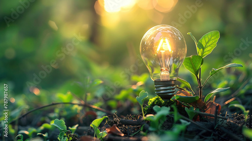 ecological fuel, energy concept Grassy Ground Illumination: A bright light bulb rests on lush green grass, radiating ideas and innovation photo