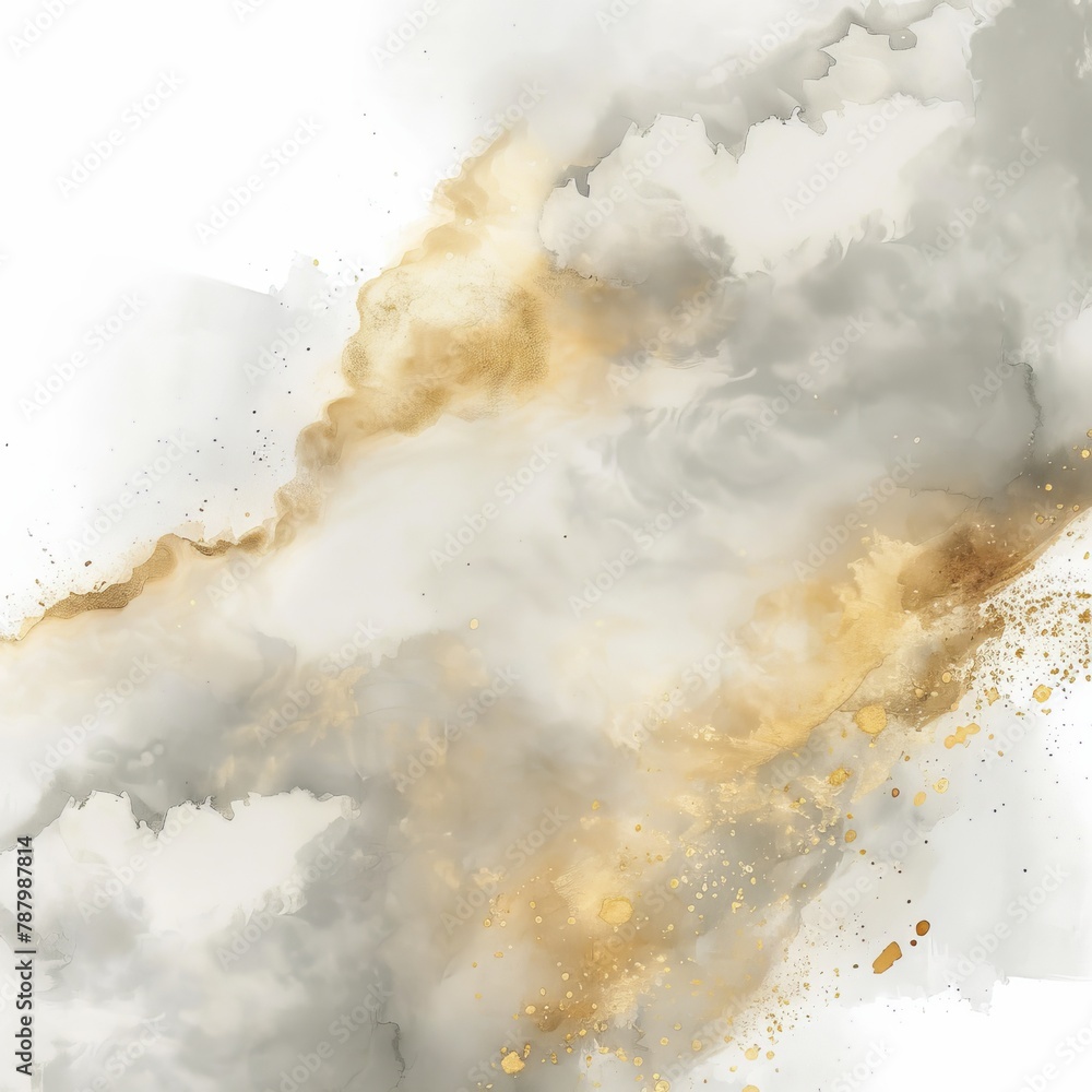 An abstract painting with a white background and grey and gold accents. An abstract painting with a white background and grey and gold accents.