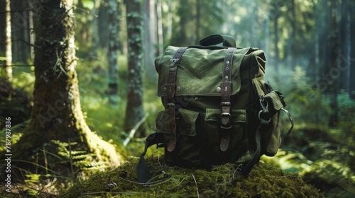 Military bag in a forest setting, highlighting its durable design and readiness for a hunter's journey