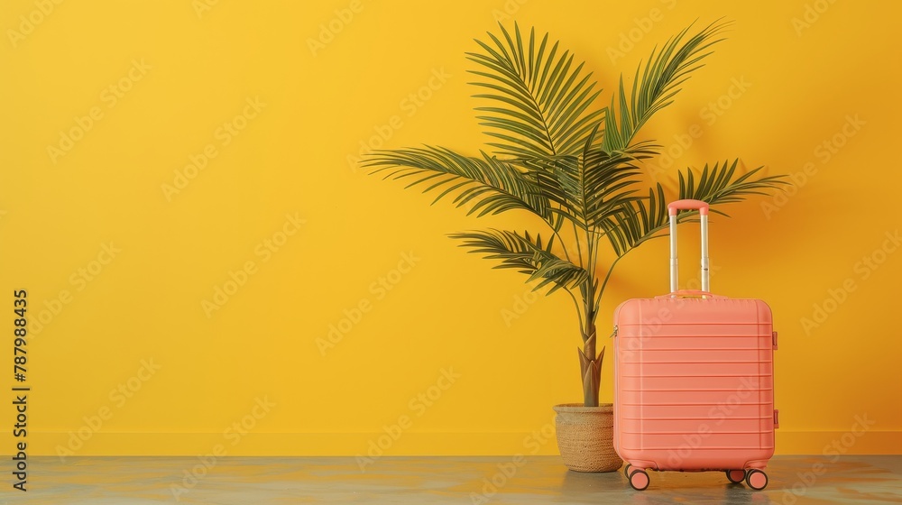 Fototapeta premium Packed large suitcase ready for adventure, featuring wheels and handle, poised in a bustling terminal