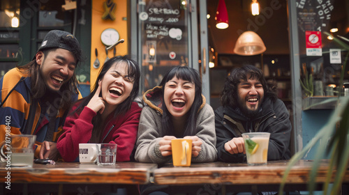 Cuatro amigos asiáticos sentados en mesa de una terraza de bar al aire libre sonriendo y bebiendo. Grupo de amigos felices disfrutando.