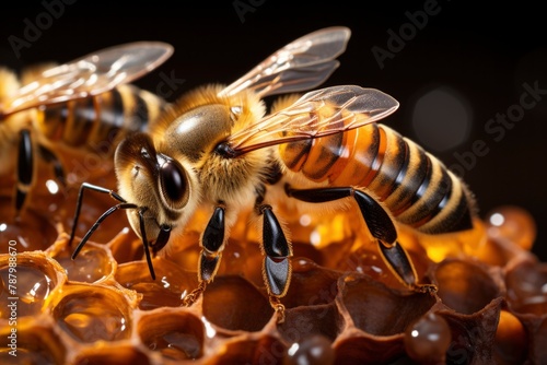 Close-Up of Honeybee on Honeycomb: Detail, Insect, and Nature Photography © NS