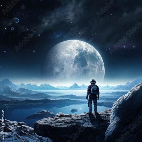 Astronaut Contemplating a Gigantic Moon Over Alien Landscape
