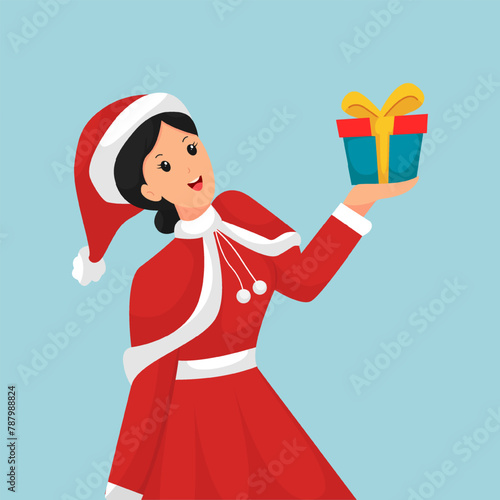 Christmas Day Girl with Gift Character Design Illustration
