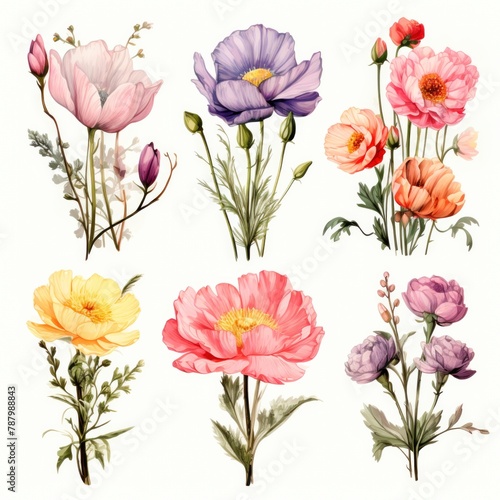 Elegant Vintage Botanical Illustrations of Colorful Poppies © NS
