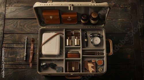 Small suitcase open with neatly arranged travel accessories, embodying the spirit of travel