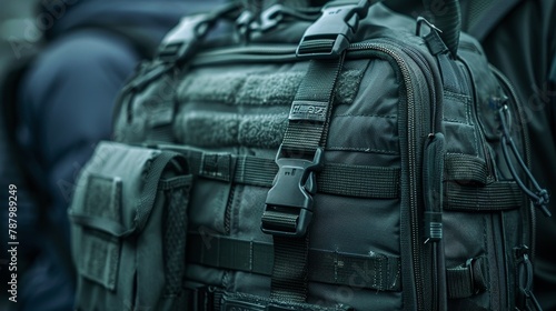 Tactical hunting bag, close-up on its heavy-duty fabric and compartments, ready for any challenge photo