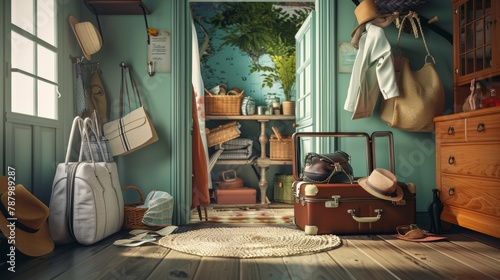 The essence of travel captured in a room with a packed suitcase open, accessories ready for the journey photo