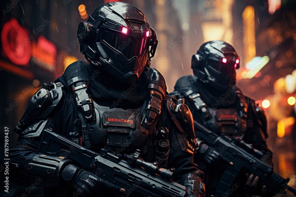 Futuristic Soldiers with Advanced Armor and Weapons in Urban Environment Futuristic Soldiers with Advanced Armor and Weapons in Urban Environment