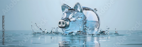 Piggy bank drowning in debt - savings to risk. Piggy bank adrift in the blue sea. 