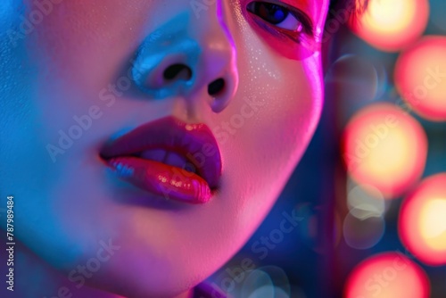 Close-up of a woman with glowing makeup in neon light  artistic nightlife concept.