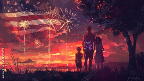A family watches fireworks on the background of an American flag at sunset. The digital art is in the style of an illustration painting and concept art with red and purple tones