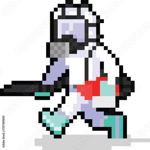 Pixel art cartoon cleaner staff character runnig while holding a sprayer. photo