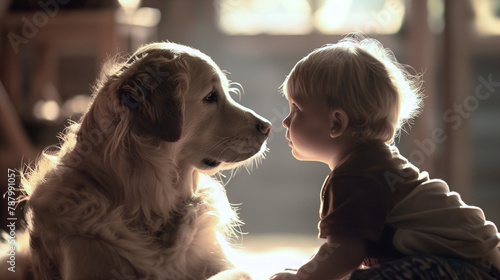 Perro y niño pequeño en interior de casa mirándose a la cara de frente. Bebe y cachorro mirándose de frente. photo
