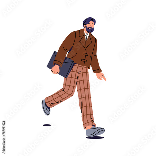 Adult bearded man hurry, goes. Oldfashioned professor of university carries documents. School teacher in checkered trousers holds folder in hand. Flat isolated vector illustration on white background