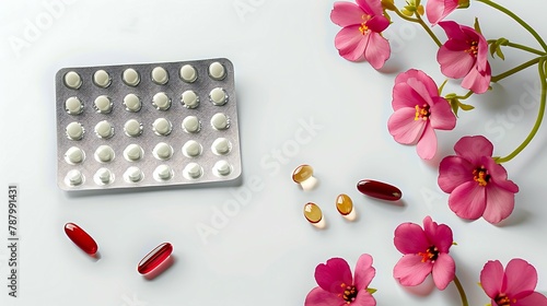 Contraceptive pills or birth control pills with pink flower on white background with copy space. Hormone for contraception. Family planning concept. White and red round hormone tablets in blister pack