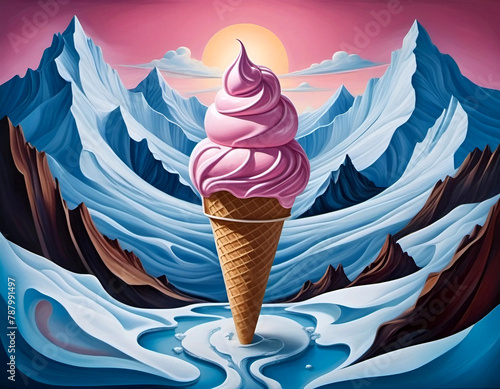 Ice-cream in a cone and snowy mountains in the background illustration