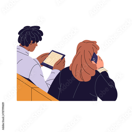 People sit on seats back view. Characters read ebook, surfing internet, talk by smartphone call during waiting. Person holds phone, uses tablet. Flat isolated vector illustration on white background