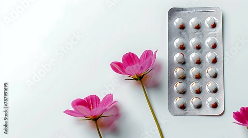 Contraceptive pills or birth control pills with pink flower on white background with copy space. Hormone for contraception. Family planning concept. White and red round hormone tablets in blister pack photo