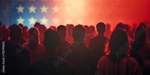 Silhouettes of a crowd with a backdrop of a flag in an atmospheric patriotic event background