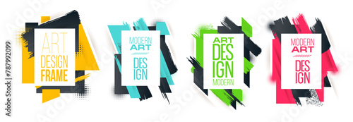 Set frames modern design abstract shape banners. Flat geometric and paint brushes different colors in memphis design style, Watercolor background frame. vector illustration template web print design