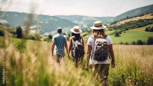 Group of family go hiking mountain together.