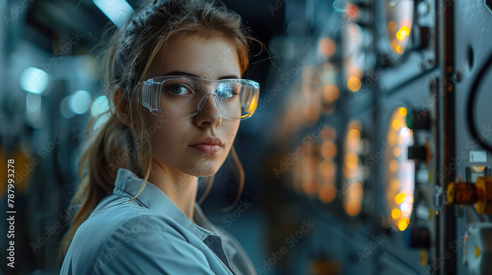 A female engineer A programmable logic controller controls a massive fully automated, technology banner