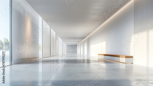 A long  empty hallway with a bench in the middle. The hallway is very clean and has a modern look to it