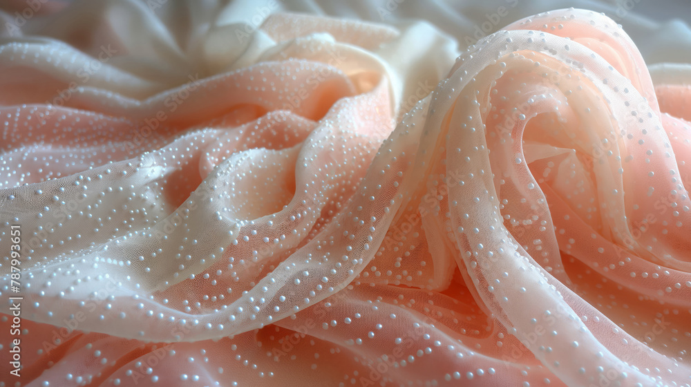 Textured Peach Fabric With Polka Dot Embellishments In Gentle Folds