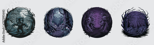 Set of halloween haunted witch's wood trees in a mystical forest vector illustration. Generative AI