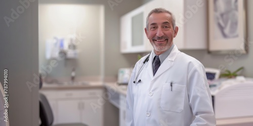 A mature male doctor with a friendly smile stands confidently in a clinic s room  with clinic equipment and a neutral background