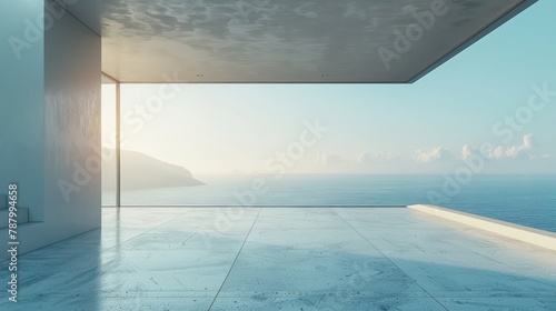 A large open space with a view of the ocean. The space is white and has a modern feel © Dumrongkait