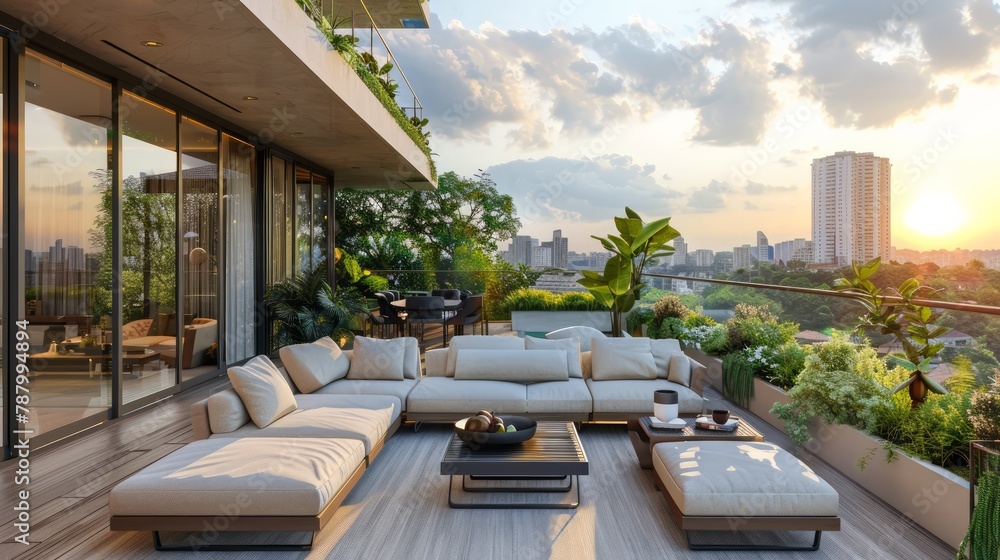 Fototapeta premium A large, open balcony with a view of the city and a sunset. The balcony is filled with comfortable furniture, including a couch, chairs, and a dining table. There are also potted plants