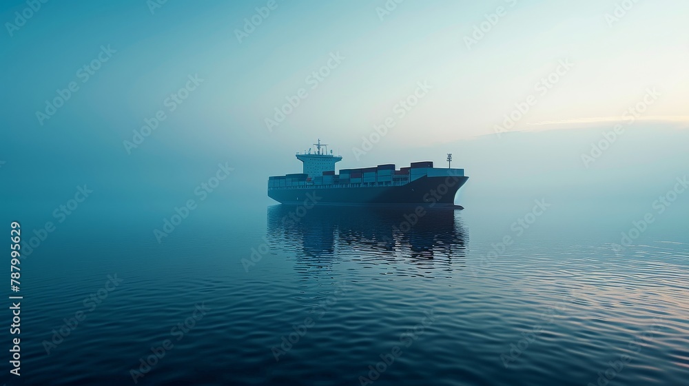Large container ship sails through calm sea at dawn