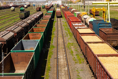 Industrial view with lot of freight railway trains waggons