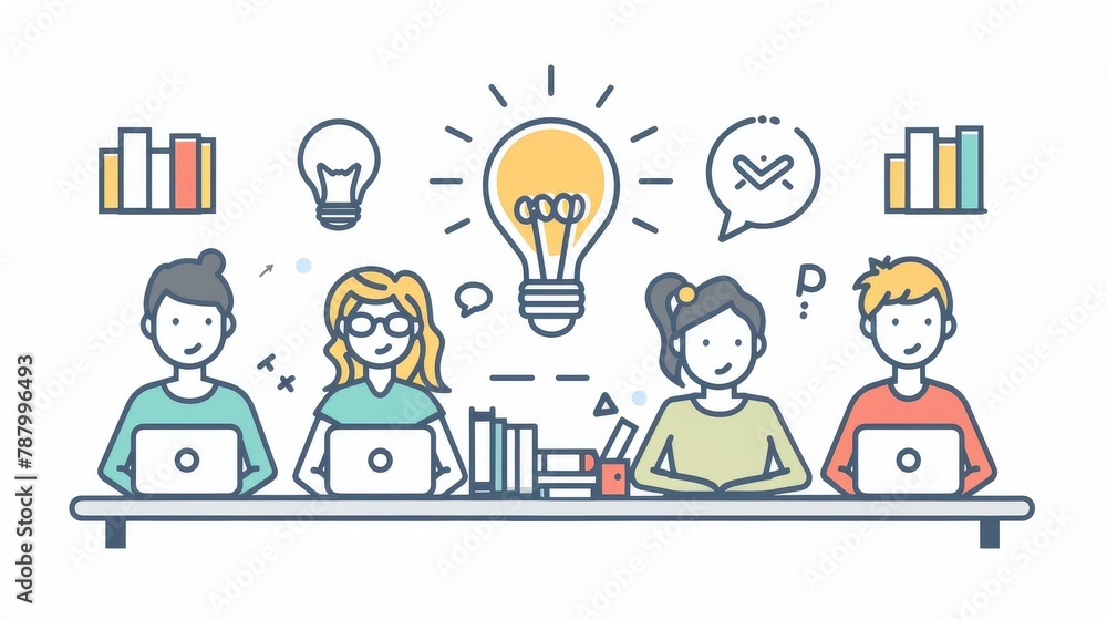 Creative Team Collaborating at a Desk with Bright Idea Light Bulb Concept Creative Team Collaborating at a Desk with Bright Idea Light Bulb Concept