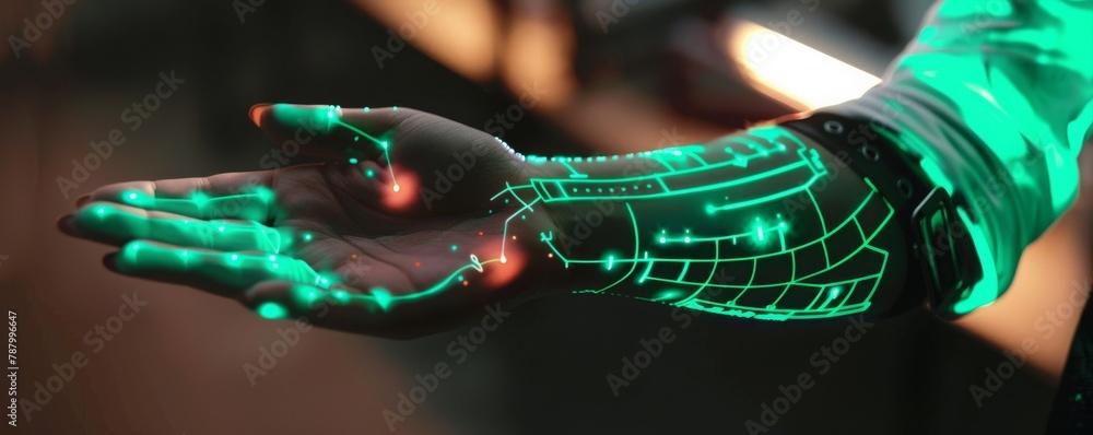 A person with a green glowing circuit board projected on their arm. A person with a green glowing circuit board projected on their arm.