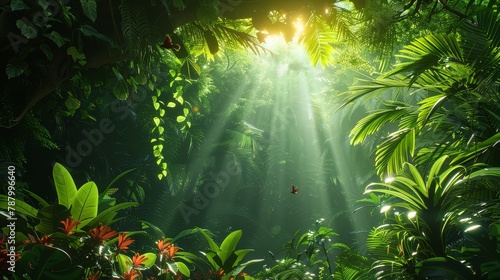 A lush green jungle with sun rays shining through the trees.