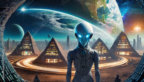 Alien persona with alien planet background and microwaves of light and future houses night, moon, sky, light, star, landscape, nature, fantasy, planet, dark, space, aurora, Allen's, earth  photo