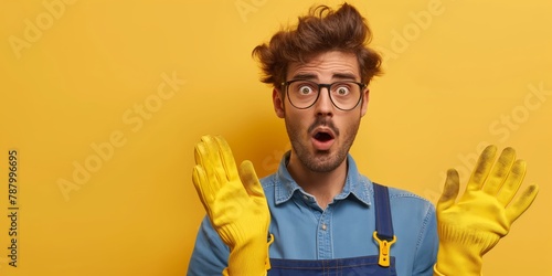A surprised handyman with wide-eyed expression and raised gloves stands against a plain yellow background, representing astonishment