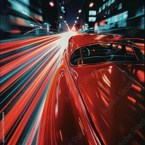 A red car drives through a city at night, leaving streaks of red light behind it.