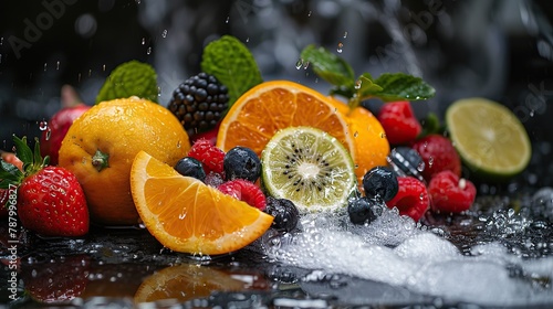 various fresh fruits with clear water splash on black background