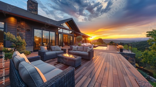 A large house with a wooden deck and a fire pit. The deck overlooks a beautiful view of the mountains