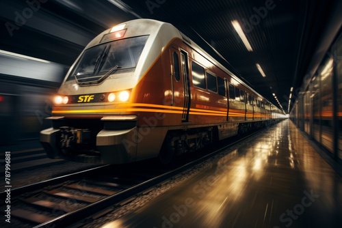 A sleek orange and gray train speeds through a modern station.
