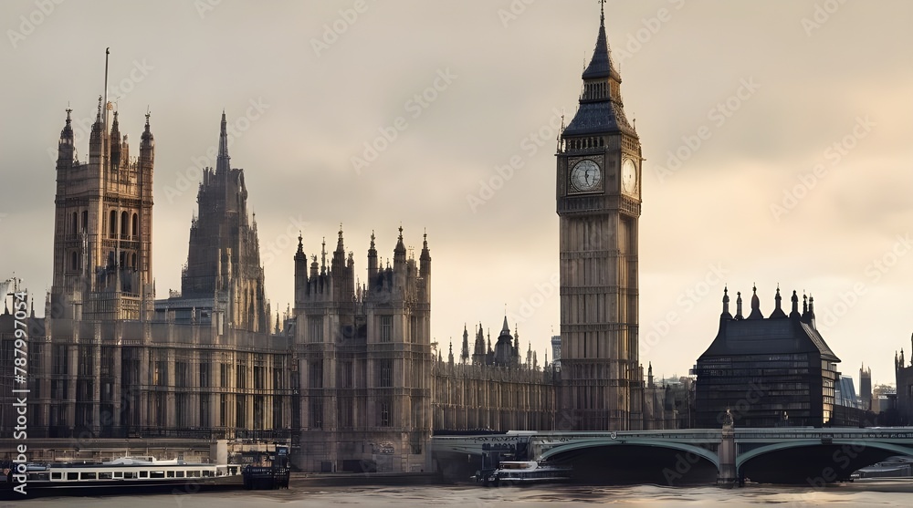 Big Ben and Houses of Parliament with boat in London, England, UK. generative.ai