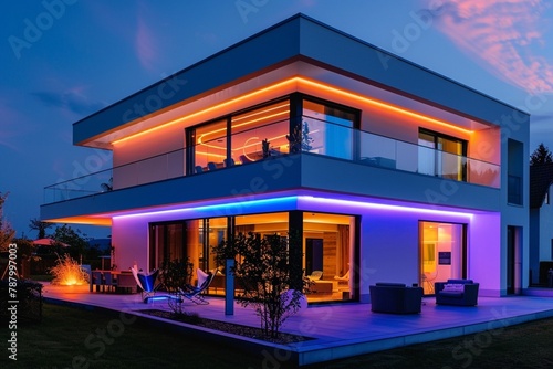 Modern villa with colored led lights at night