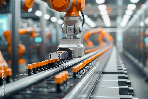 Robots in manufacturing, AI-driven production line, technological advancement, industrial efficiency.