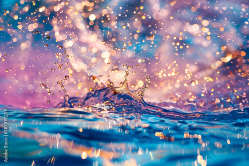 Abstract water background with a splash and many droplets, light, reflection and bokeh effect, golden shimmer on the surface