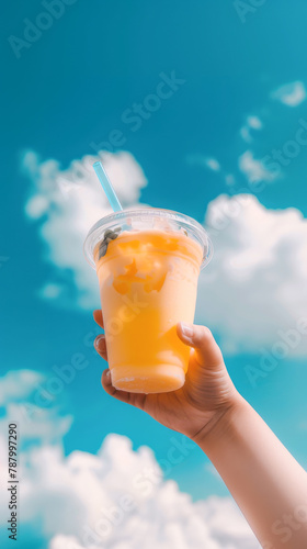 Hand holding clear plastic cup with cold refreshing orange beverage and a blue straw against cloudy sky.. Summer background.